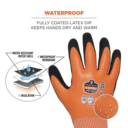 Proflex By Ergodyne Orange Coated Waterproof Winter Work Gloves, S, A5, PK144 7551-CASE